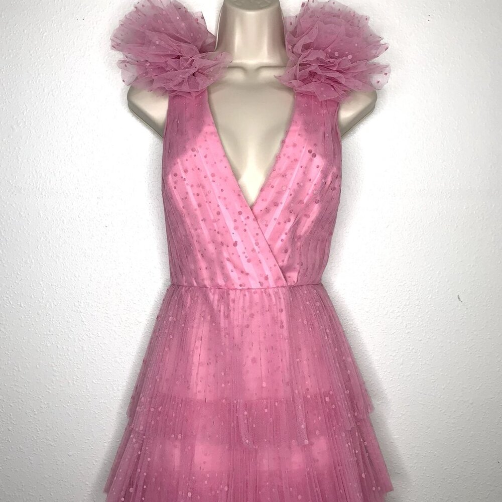 Monique Lhuillier Pink Tiered Tulle Backless V-Neck Mini Dress - Picture 3 of 8